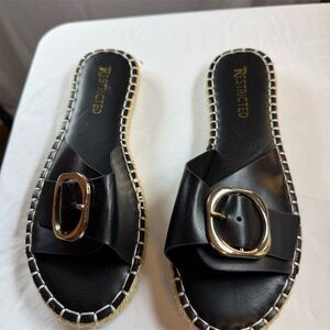 Restricted Womens Black Espadrille Slide Sandals Gold Buckle Jute Trim
